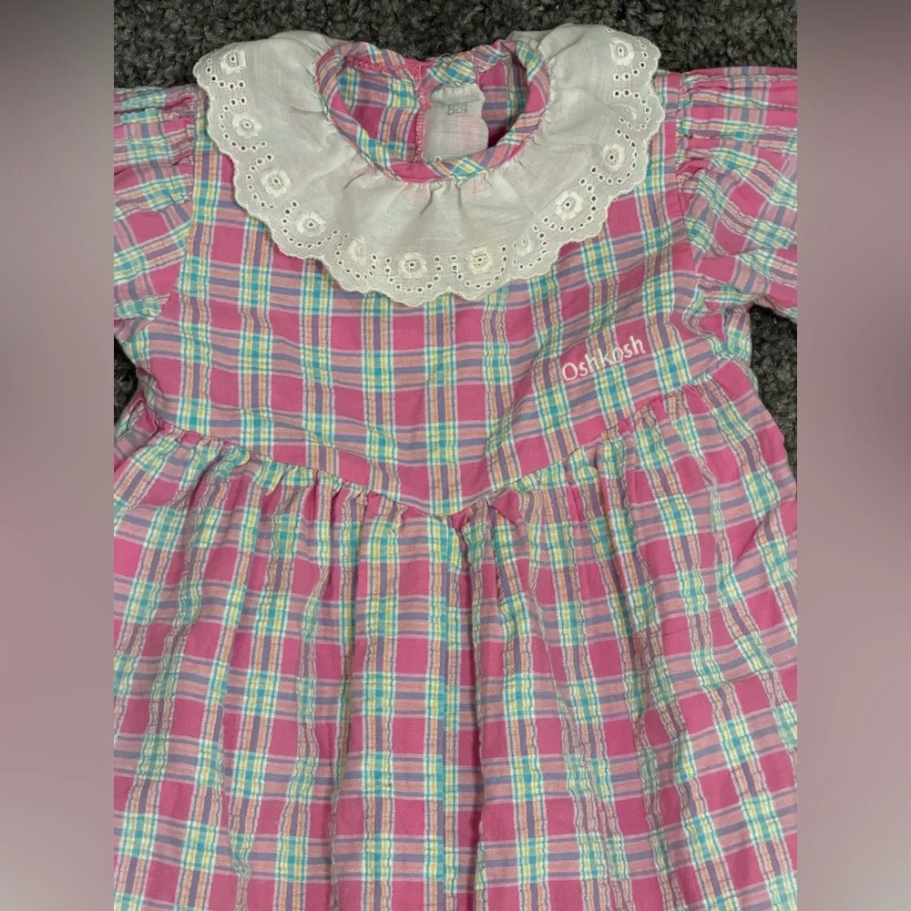 OSH KOSH Vintage Pink Plaid White Eyelet Collar Jumpsuit Bubble size 24 Months